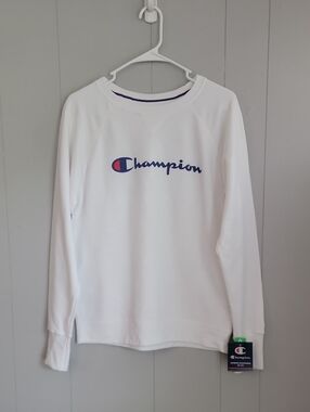 Champion Women's Sweatshirt Medium White Logo Long Sleeve
